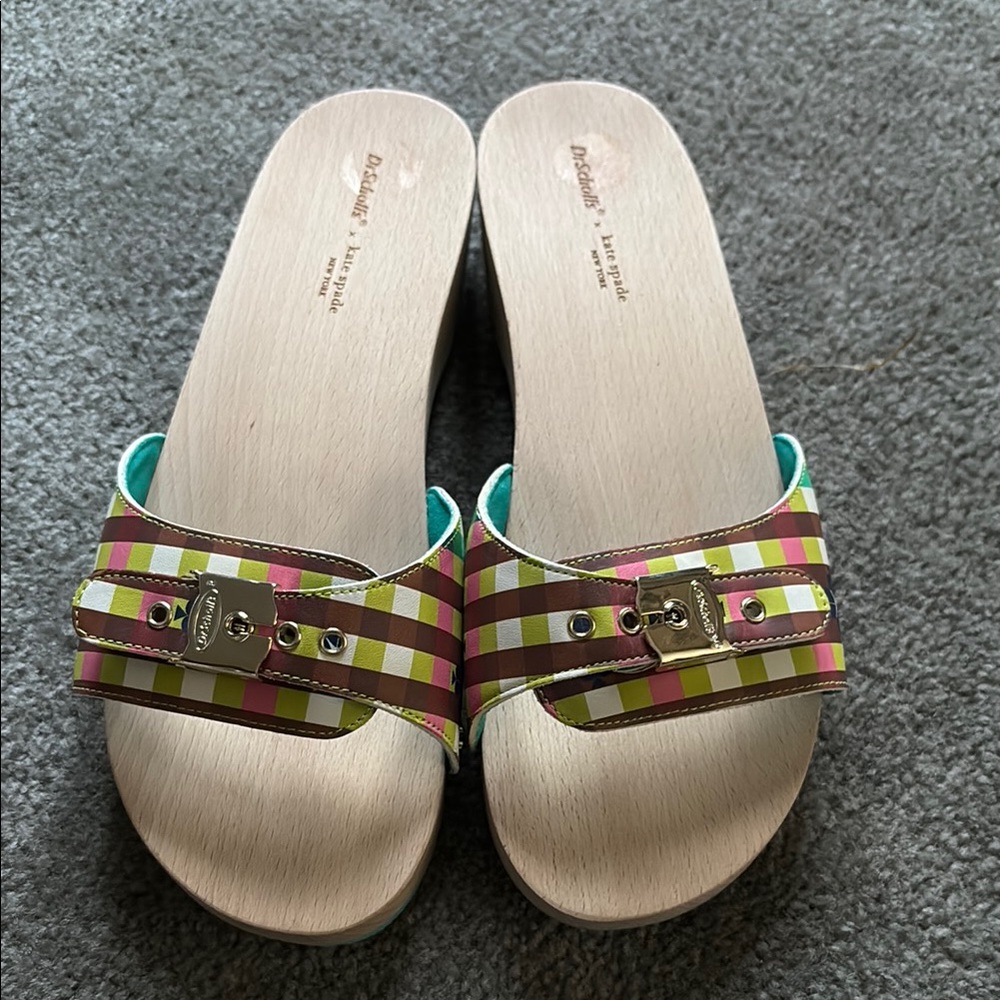 Dr. Scholl's Pink, Green and Brown Striped Slide Sandals - Picture 2 of 5